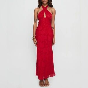Princess Polly Ending Credits Halter Twist Maxi Dress Red Burnout